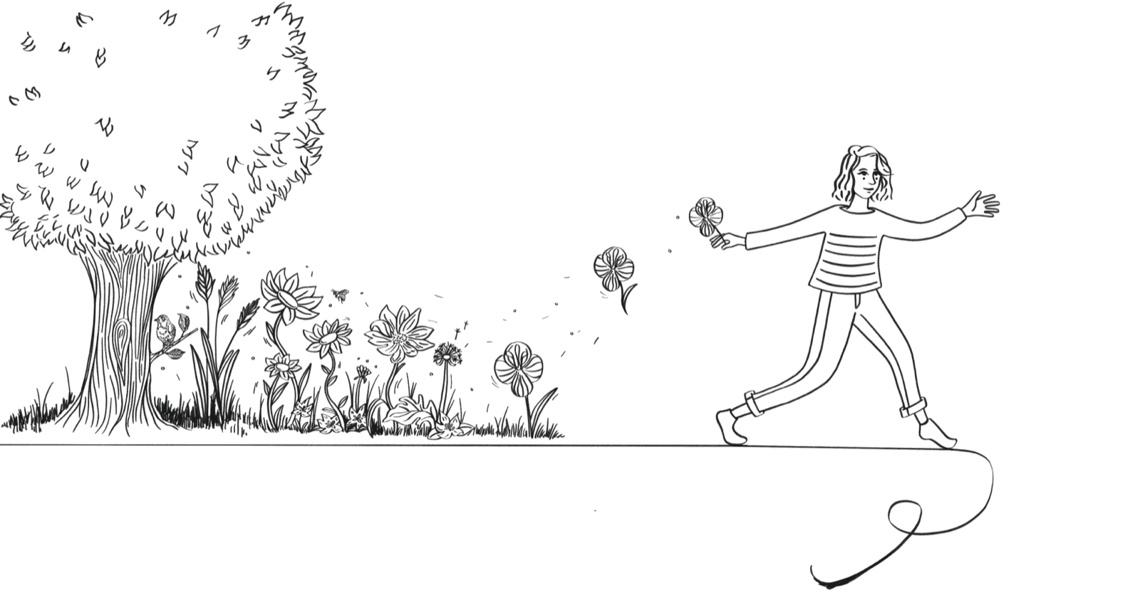 Illustration : une funambule marche sur un fil vers un arbre fleuri
